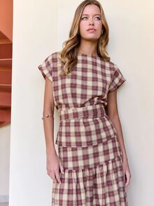 Nöista Plaid Tie Waist Top & Skirt Two Pieces Set - Red - View 3