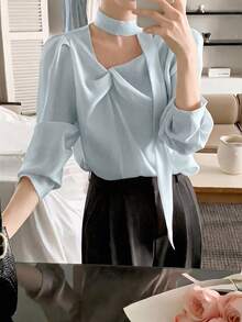 DAZY Women's Tie-Up Elegant Korean Style Long Sleeve Spring/Summer Blouse - Baby Blue - View 6