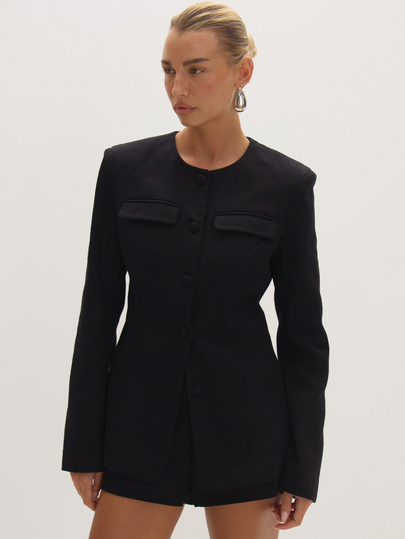MUSEYN Black Woven Cinched Waist Blazer Timeless Date Night Tailored Office New Season Fall