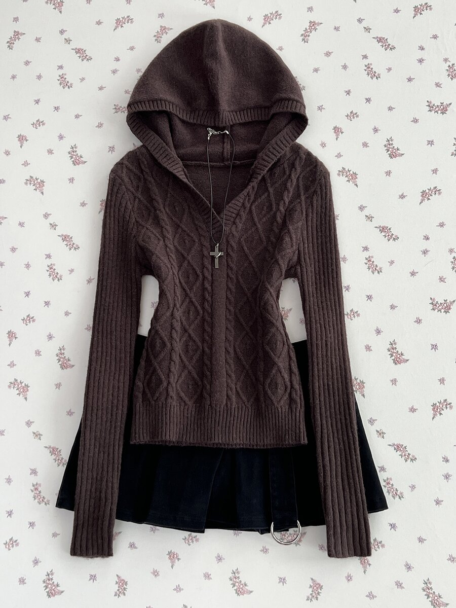FavEase Women's Casual Solid Color Hooded Sweater, Autumn/Winter - Brown - View 1