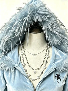 Elamini 女款騎士刺繡拉鍊門襟拼接毛皮連帽夾克 - 淺藍色 - 查看 7