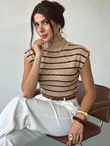 Firerie Elegant High Neck Loose Casual Versatile Sleeveless Knit Sweater Vest, Suitable For Dating, Chic - Camel - View 6