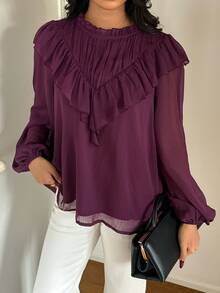 Aloruh Blus Wanita Model A-Line Berkerut dengan Kerah Bulat dan Lengan Kelopak, Motif Boho Ungu Tua, Motif Liburan, dan Hiasan Pagar. - Red Violet - View 6