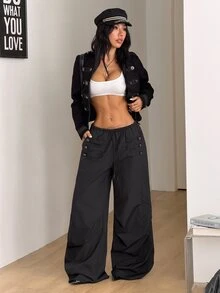 Coolane 女款四季通用返校外出休閒性感Y2K時尚街頭風龐克風口袋黑色寬腿長褲秋季穿搭 - 黑色 - 查看 6
