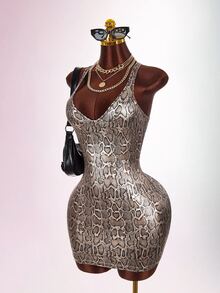 Amplova Women's Sexy Snake Print Bodycon Dress - Brown - View 4