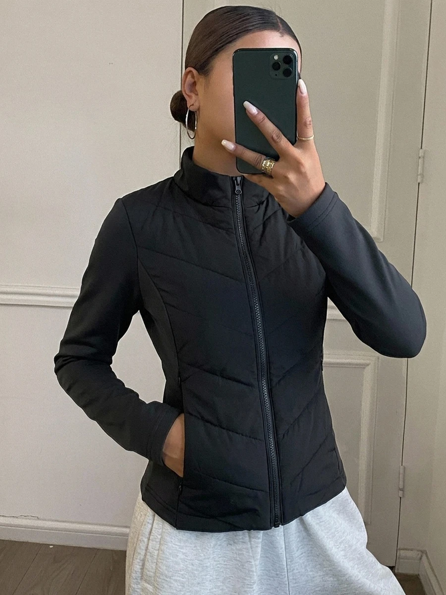 DAZY 女款秋冬修身腰部拼接加厚夾克外套 - 黑色 - 查看 1