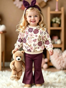 Baby Girl Autumn/Winter Cute Sweet Floral & Butterfly Print Long Sleeve Crew Neck Sweatshirt And Flared Pants 2 Pieces Set - Multicolor - View 2