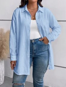 SHEIN BASICS Plus Size Autumn Casual Versatile Solid Color Shirt - Blue - View 7