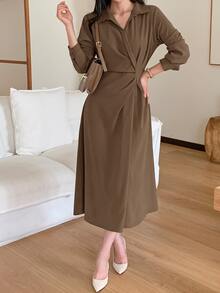 DAZY Women's Casual Solid Color Waist-Cinching Mid-Length Dress, Autumn - Brown - View 6