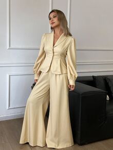 DAZY Solid Color Fitted Waist Long Sleeve Collared Shirt And Flare Pants Elegant Formal Vacation Spring Autumn 2 Pieces Set For Women - Apricot - View 5