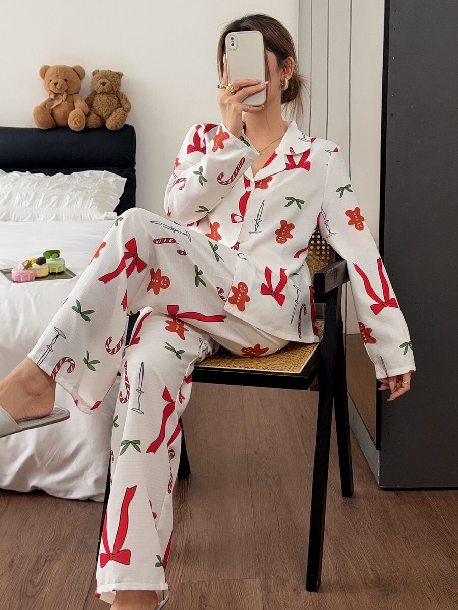 Napfluff Christmas Element Print Open Front Lapel Bubble Crinkle Comfortable Women's Pajama Set - Apricot - View 1