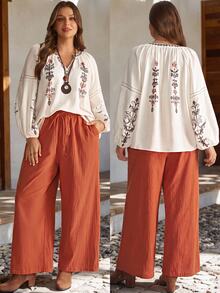 EMERY ROSE Plus Size Vintage Notch V-Neck Shirt And Drawstring Waist Pants 2 Pieces Set - Multicolor - View 8