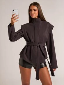 SHEIN BAE Women's Autumn/Winter Brown Herringbone Wool Vintage Fashion Commuter Long Sleeve Jacket, Suitable For Social Gatherings And Daily Commute - Brown - View 3