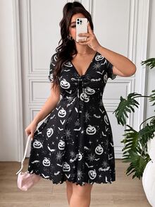 SHEIN EZwear 大尺碼度假風南瓜印花百褶綁帶洋裝 - 黑與白 - 查看 3