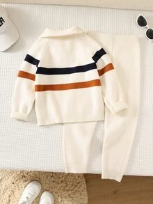 SHEIN 兒童小男孩秋冬森系翻領條紋毛衣套裝 - 彩色 - 查看 2