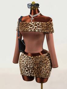 Mistrie Women's Sexy Fitted Off-Shoulder Rabbit Fur Patchwork Top + Rabbit Fur Button Shorts - Multicolor - View 1