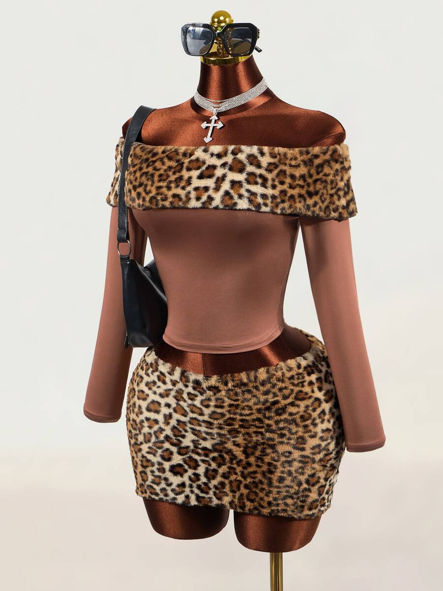 Mistrie Women's Sexy Fitted Off-Shoulder Rabbit Fur Patchwork Top + Rabbit Fur Button Shorts - Multicolor - View 1