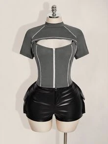SHEIN ICON 女款大尺碼拼色鏤空休閒日常穿搭T恤 - 灰色 - 查看 3