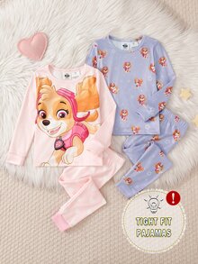 SHEIN | PAW Patrol 4件組秋冬女童幼兒睡衣套裝 聯名款可愛小狗印花 柔軟舒適 緊身高彈薄款 長袖長褲居家服 合身款 - 粉色 - 查看 1