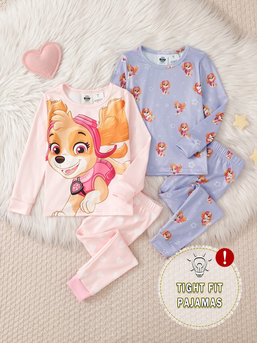 SHEIN | PAW Patrol 4件組秋冬女童幼兒睡衣套裝 聯名款可愛小狗印花 柔軟舒適 緊身高彈薄款 長袖長褲居家服 合身款 - 粉色 - 查看 1