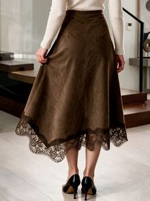 Modelyn Women's Brown Woven Lace Patchwork Asymmetrical Hem Lace Trim Elegant Skirt - Brown - View 2