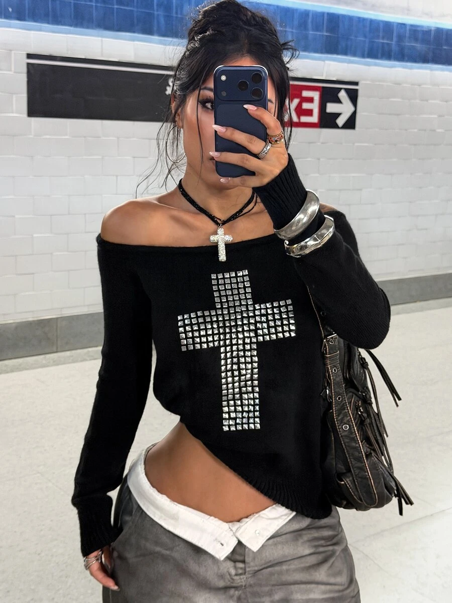 StreetHx Women's Autumn/Winter Fashion Street Sweet Cool Lazy Elegant Party Gathering Rhinestone Asymmetrical Shoulder Sweater - Black - View 1