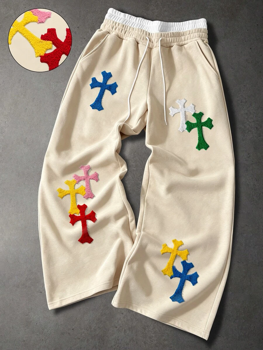 PAVTROS Men's Cross Embroidered Drawstring Waist Pockets Loose Casual Sweatpants Wide Leg - Apricot - View 1