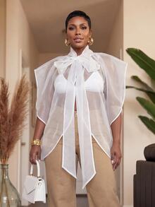 Slaydiva Spring/Early Autumn New Style Date, Commute, Modern, Daily Street, Music Festival, Holiday, Best Friend Gathering, Party Occasion Loose Neckline Tie Bow Ribbon Sheer White Mesh Cover Up Plus Size Women's Shirt Top-Z - White - View 4