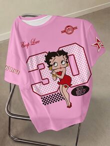 Betty Boop x SHEIN Plus Size Cartoon Graphic Print Short Sleeve Streetwear T-Shirt - White - View 1