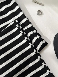 Elamini Women's Sweet Elegant Casual Striped Loose Design Patchwork Long Pants - Black and White - View 7