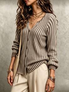 RosyDaze Women's Striped Dropped Shoulder Long Sleeve Single-Breasted Casual French Elegant Knit Cardigan Office Brown Striped Autumn - Coffee Brown - View 3