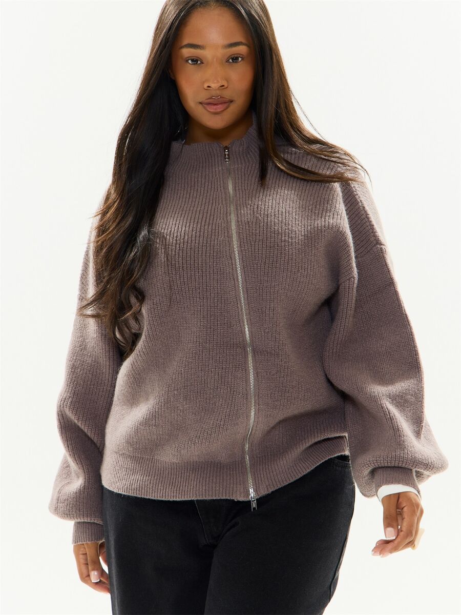 MUSERA Grey Knit Plus Size Funnel Neck Zip Detail Cardigan Casual Cool Basic Fall Winter Autumn - Grey - View 1