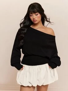 CovetEZ Autumn/Winter Solid Color Asymmetrical Collar Waist-Flattering Slimming Casual Plus Size Sweater - Black - View 4