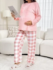 Slowluna Maternity Solid Color Drop Shoulder Long Sleeve Pocket Top And Adjustable Waist Plaid Pants 2 Pieces Set - Pink - View 3