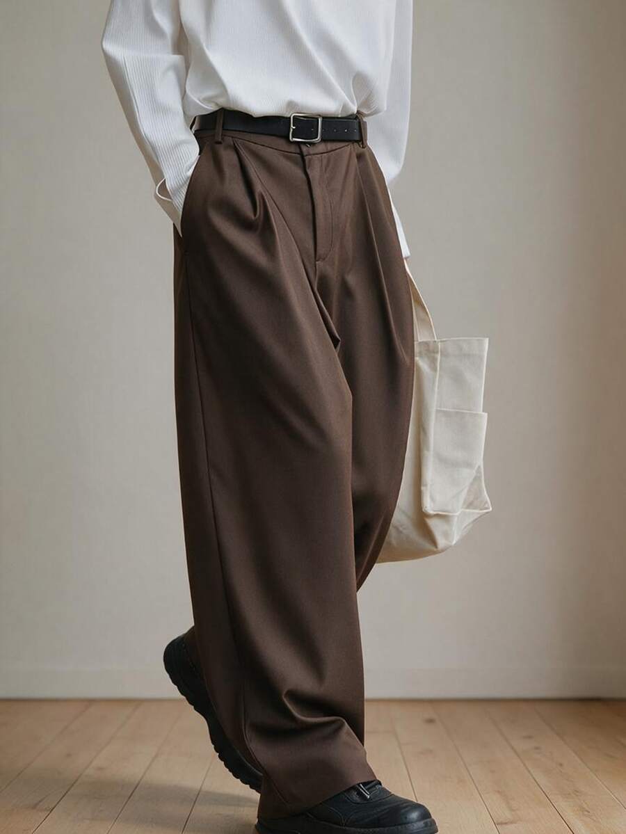 TONEVAULT Men's Fashion Versatile Commuter Solid Color Pants - Coffee Brown - View 1