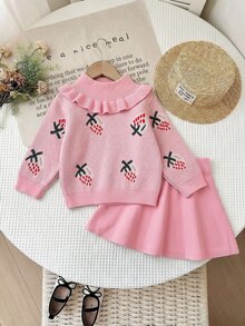 LMoss Kids Baby Girl Knit Cute Strawberry Pattern Pink Peter Pan Collar Sweater And Autumn Skirt 2 Pieces Set - Pink - View 2