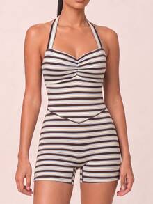 SHEIN BAE Women's Striped Casual Daily Wear Halter Neck Sports Romper - Baby Blue - View 2