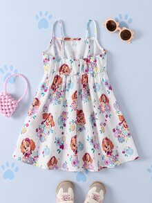 SHEIN | PAW Patrol Gaun Anak Perempuan Motif Kartun Bunga dengan Tali Bahu Tipis - Putih - View 2