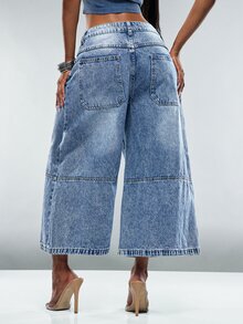 Denimoi Celana Jeans Denim Kasual Wanita untuk Perjalanan Sehari-hari dengan Saku, Kancing, dan Motif Huruf - Biru - View 5