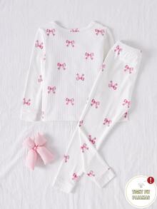 SHEIN 1 Set Girls' Fitted Loungewear Set, Ribbed Texture Fabric With All-Over Pink Bow Pattern, High Elasticity, Soft And Skin-Friendly, Slim Fit Long Sleeve Top And Long Pants Two Pieces Set (1 Set Sold Separately) - White - View 2