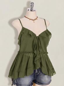SHEIN ICON Women's Plus Size Ruffle Solid Color Fashion Versatile Camisole Top - Army Green - View 7