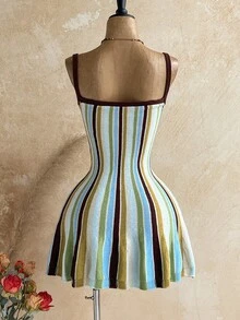 Soleia Colorblock Textured Beach-Style Cinched Waist Slim Fit Asymmetrical Hem Ruffle Trim Flattering Elegant Cami Dress For Casual Wear, Commute, Afternoon Tea, Date And Vacation - Multicolor - View 2