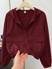SHEIN 青少年女孩編織純色貼袋短版寬鬆休閒連帽外套，秋冬款，度假風 - 酒紅色 - 查看 12