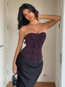 Aloruh Women's Chic Fall/Winter Violet Strapless Corset Top, Backless Crop Top, Tight Bustier, Mesh Knit, Club Wear, Night Out, Rave Party, Casual Sexy - Purple - View 6