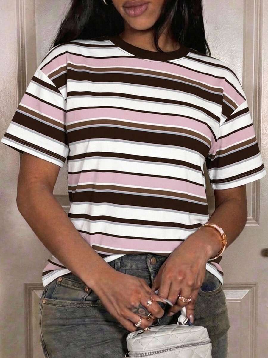 Slaydiva 休閒簡約夏季大尺碼女款條紋短袖T恤 - 彩色 - 查看 1