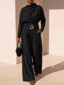 Zivah Women's Solid Color Pleated Batwing Long Sleeve Shirt And Wide Leg Pants Elegant 2 Pieces Set - Black - View 6
