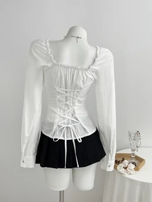 Mori Grove Mori Grove Minimalist Pure Sweet Ruffle Trim Square Neck Petal Sleeve Long Sleeve Blouse For Women - White - View 2