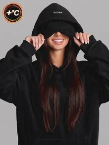 SHEIN 青少年女孩休閒緊身寬鬆口袋長袖抓絨內裡運動衫 時尚婚禮賓客派對 黑白配色 秋冬款 - 黑色 - 查看 1
