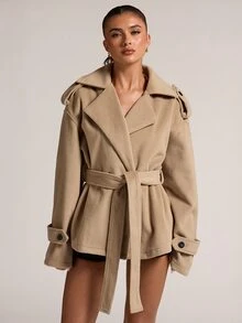 SHEIN BAE Jaket Pendek Wol Warna Polos Elegan dengan Kerah Longgar dan Ikat Pinggang, Memberikan Efek Melangsingkan, Serbaguna untuk Perjalanan Sehari-hari - Unta - View 5