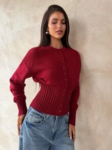 Aloruh Women's Winter Y2K Red Fashion Round Neck Button Front Long Sleeve Loose Top Tight Bottom Cardigan Sweater Warm - Red - View 6